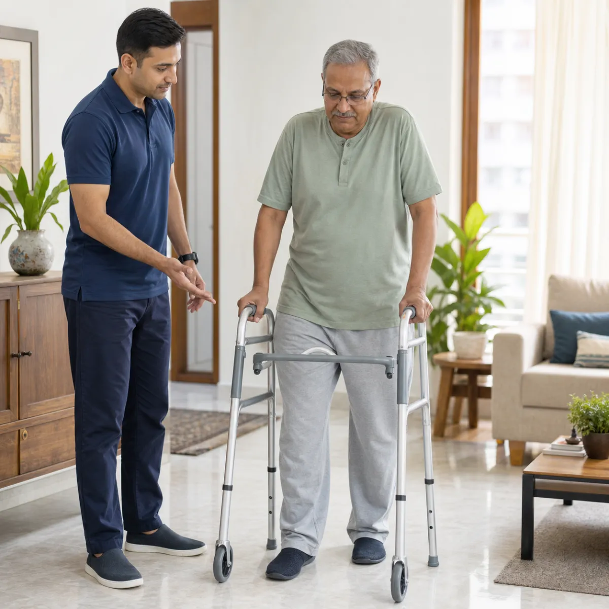Patient participating in a goal-focused Assistive Device Fitting and Training session with a physiotherapist in Kolkata