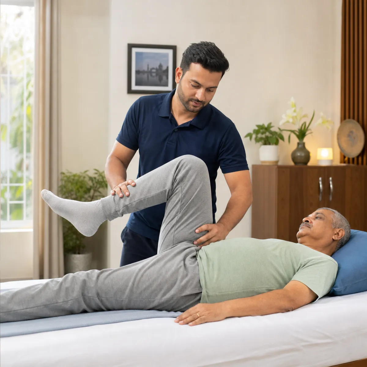 Physiotherapist assessing symptoms and functional limitations relevant to Bedridden Patient Rehabilitation in Kolkata