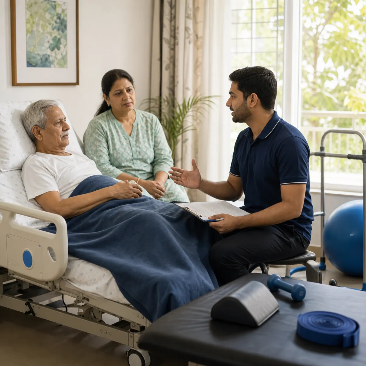 Physiotherapist completing an individualized Bedridden Patient Rehabilitation assessment in Kolkata