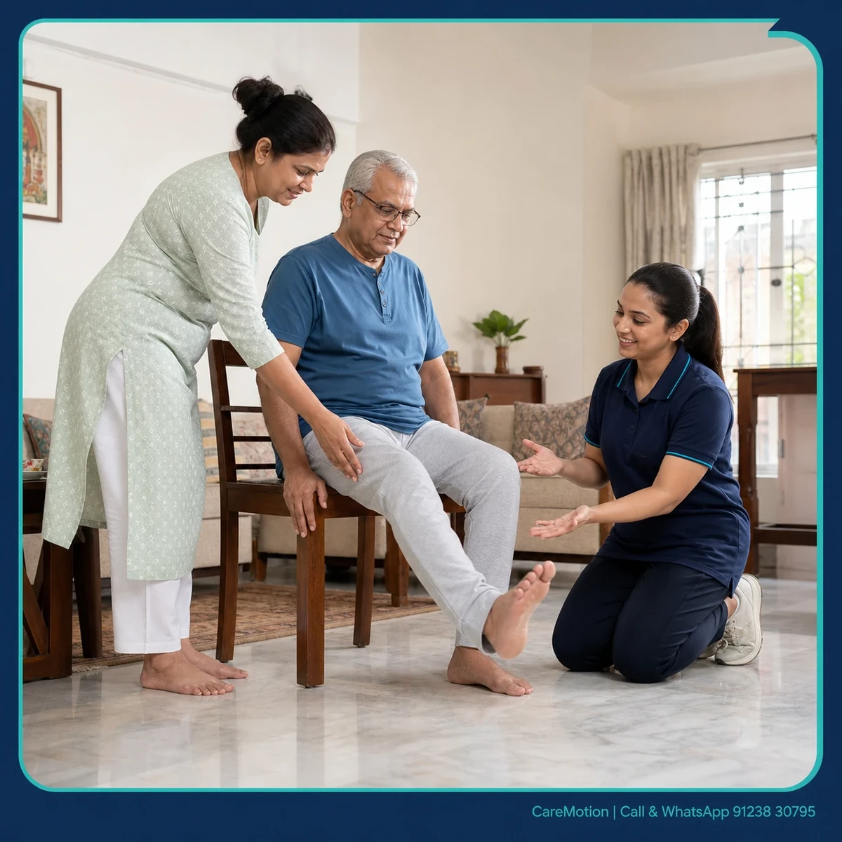 Caregiver practicing safe manual handling techniques under physiotherapist guidance in Beliaghata