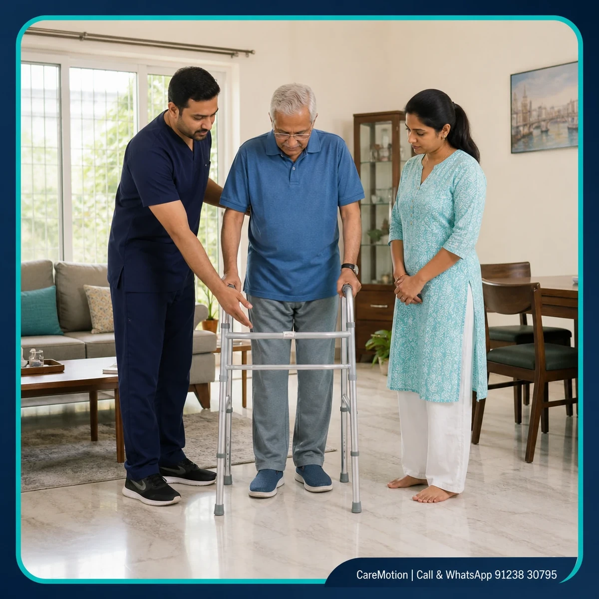 Physiotherapist assessing home environment and care routines for Caregiver Training in Beliaghata