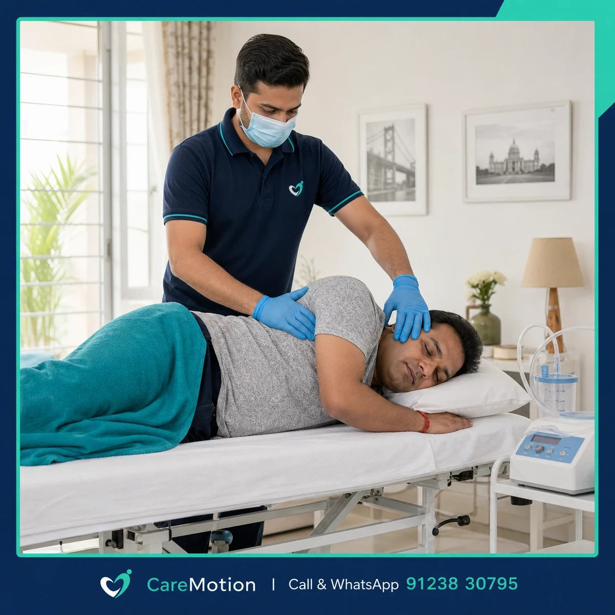 Physiotherapist performing targeted chest physiotherapy and clearance on a patient in Kolkata