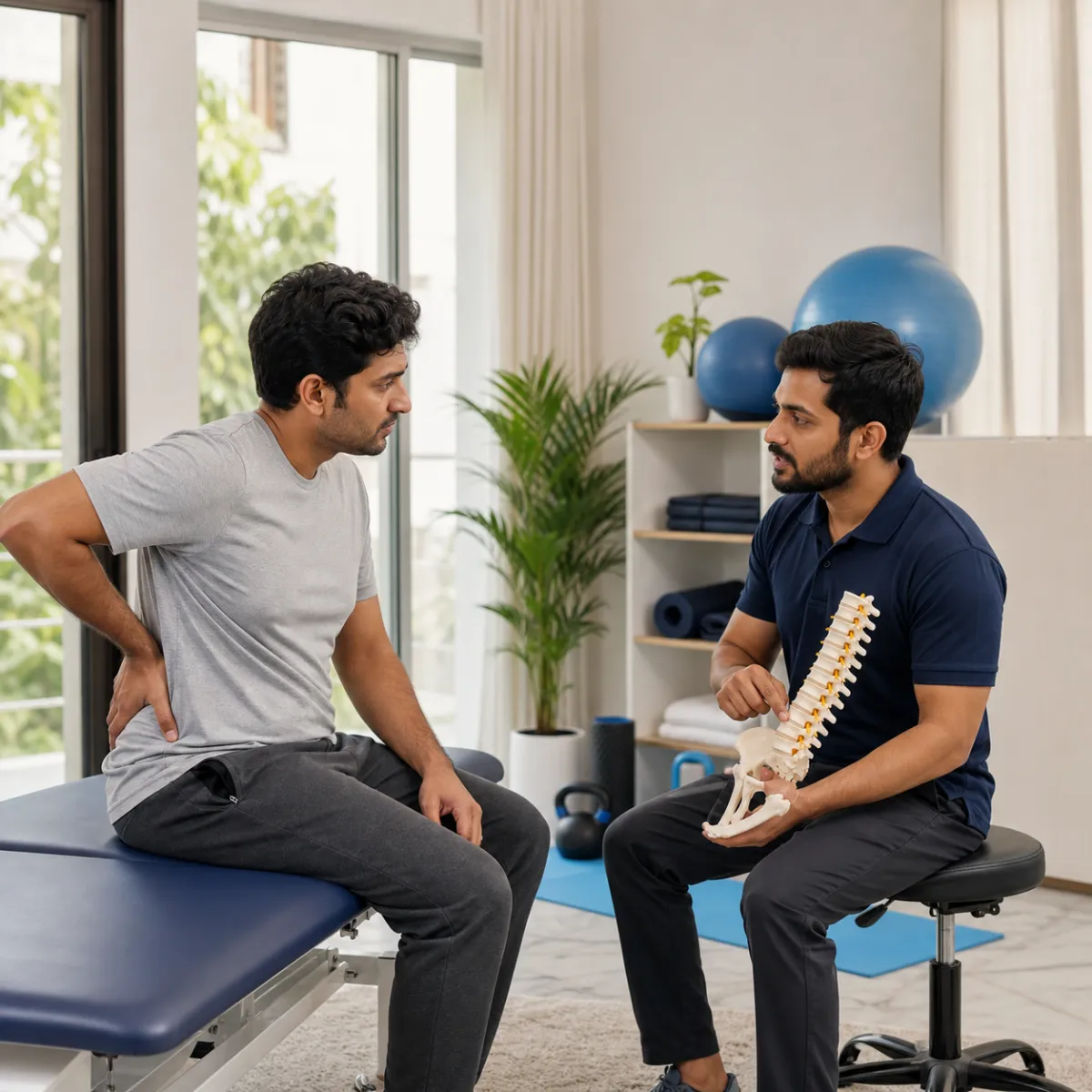 Physiotherapist completing an individualized Chronic Lower Back Pain Rehabilitation assessment in Kolkata