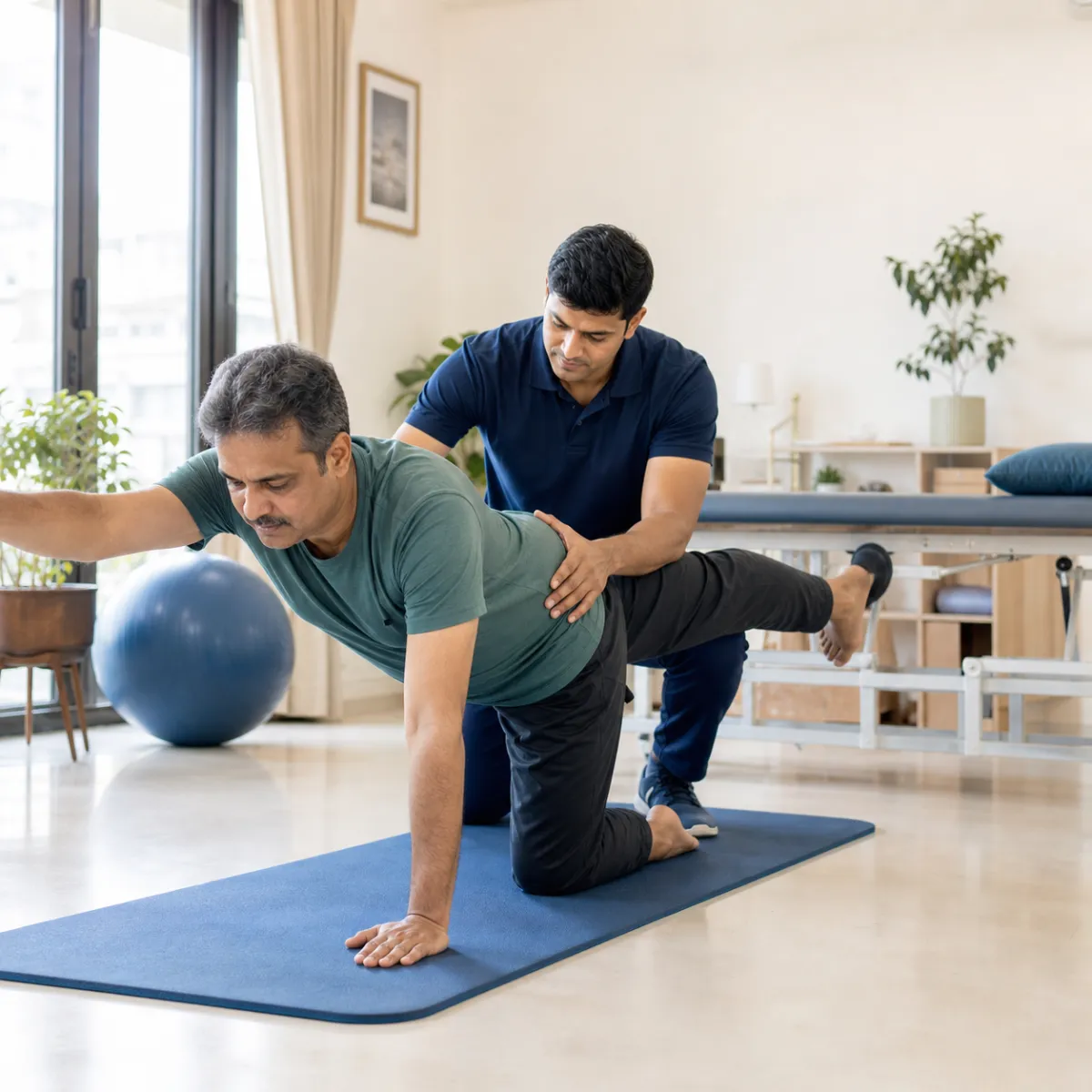 Physiotherapist guiding a structured Chronic Lower Back Pain Rehabilitation treatment session in Kolkata
