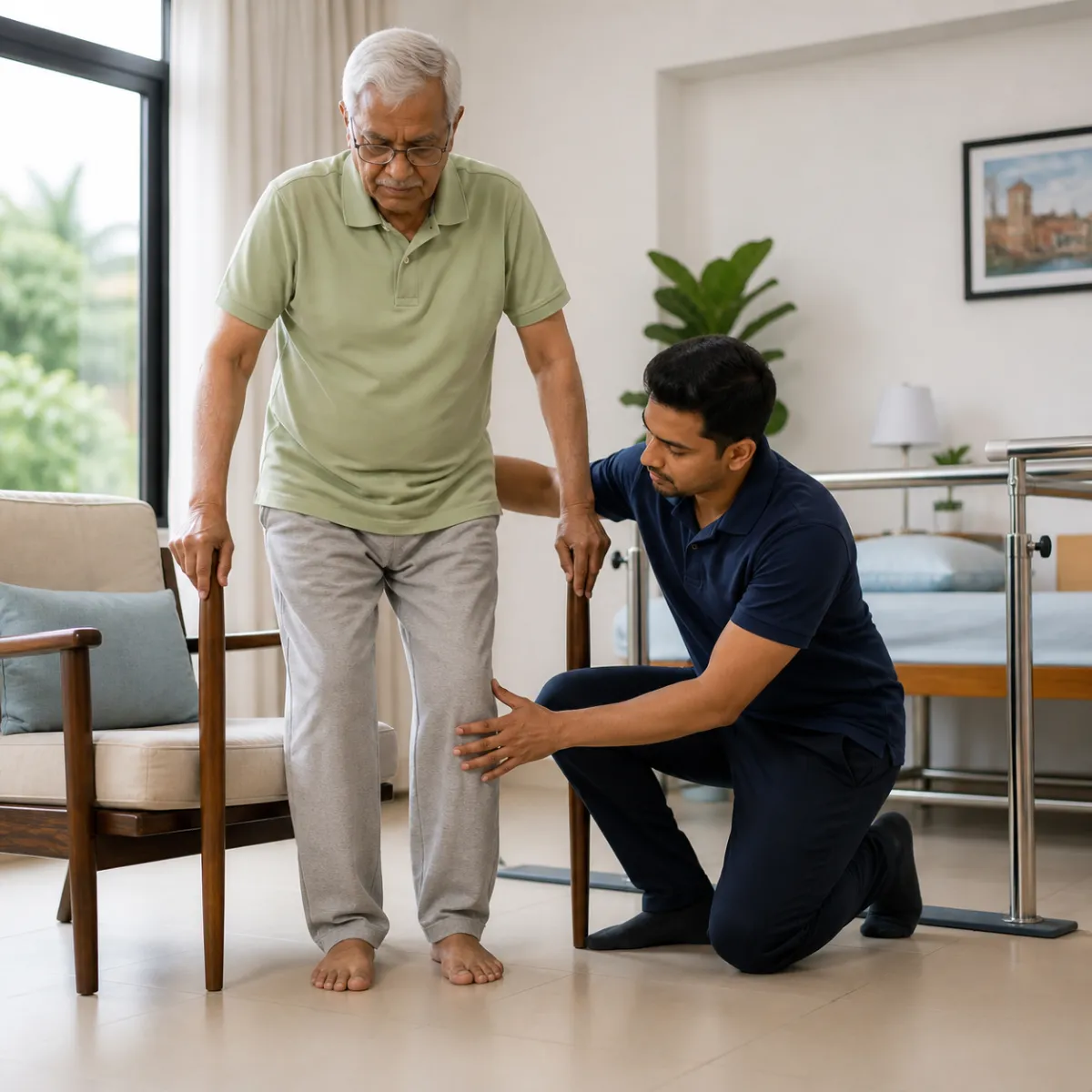 Physiotherapist assessing symptoms and functional limitations relevant to Critical Elderly Rehabilitation in Kolkata