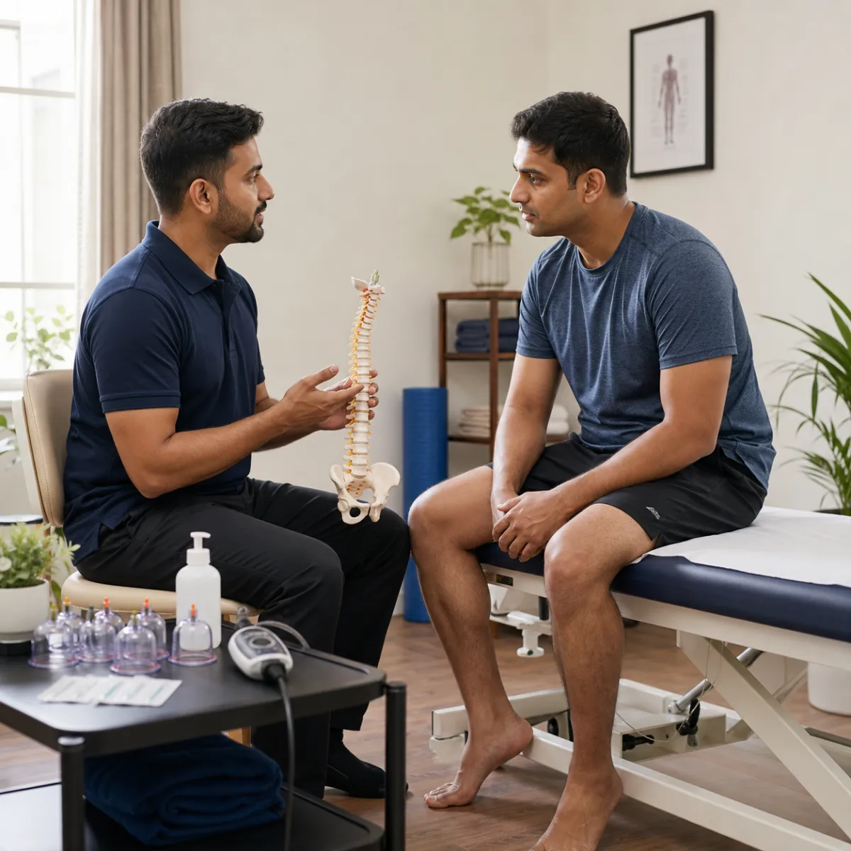 Physiotherapist completing an individualized Dry Needling and Cupping Therapy assessment in Kolkata