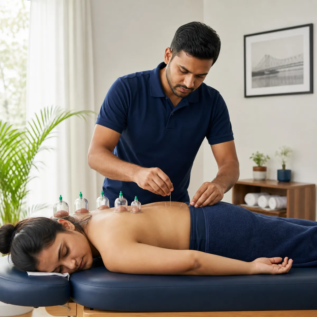 Physiotherapist guiding a structured Dry Needling and Cupping Therapy treatment session in Kolkata