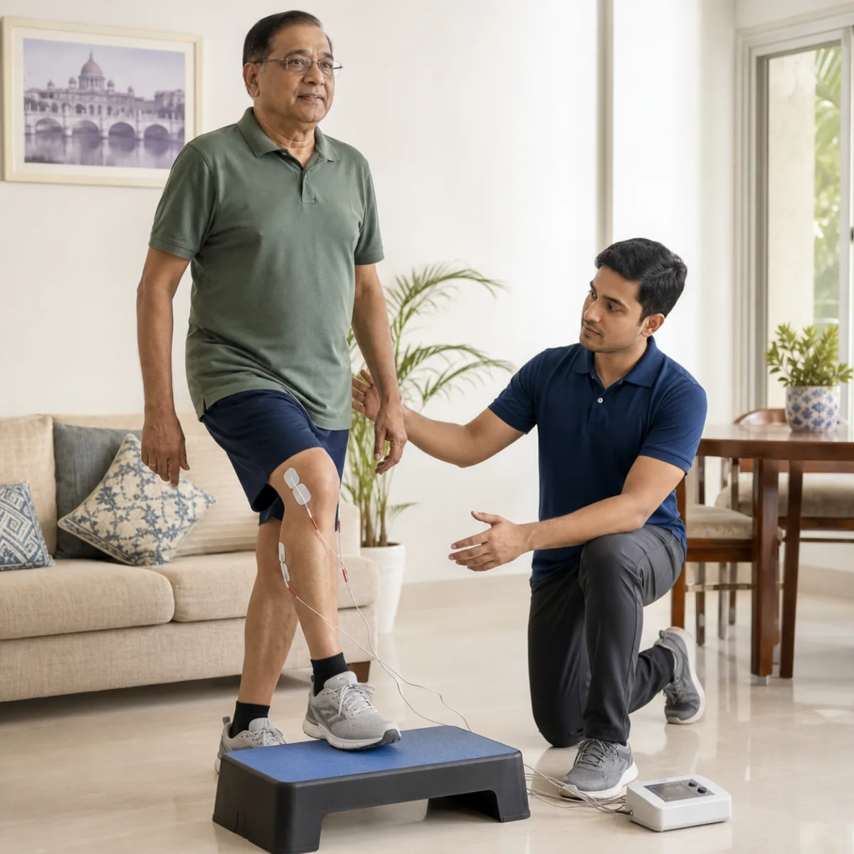 Patient participating in a goal-focused Electrotherapy at Home session with a physiotherapist in Kolkata