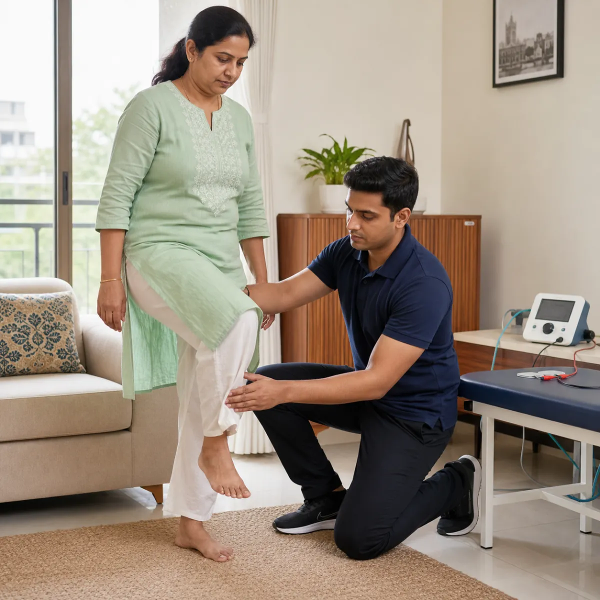 Physiotherapist assessing symptoms and functional limitations relevant to Electrotherapy at Home in Kolkata