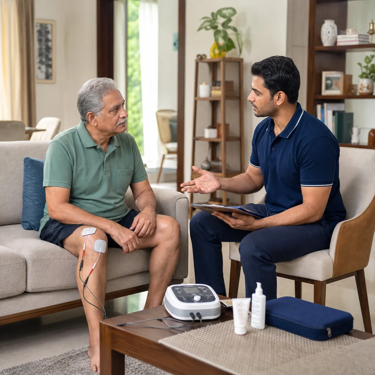 Physiotherapist completing an individualized Electrotherapy at Home assessment in Kolkata