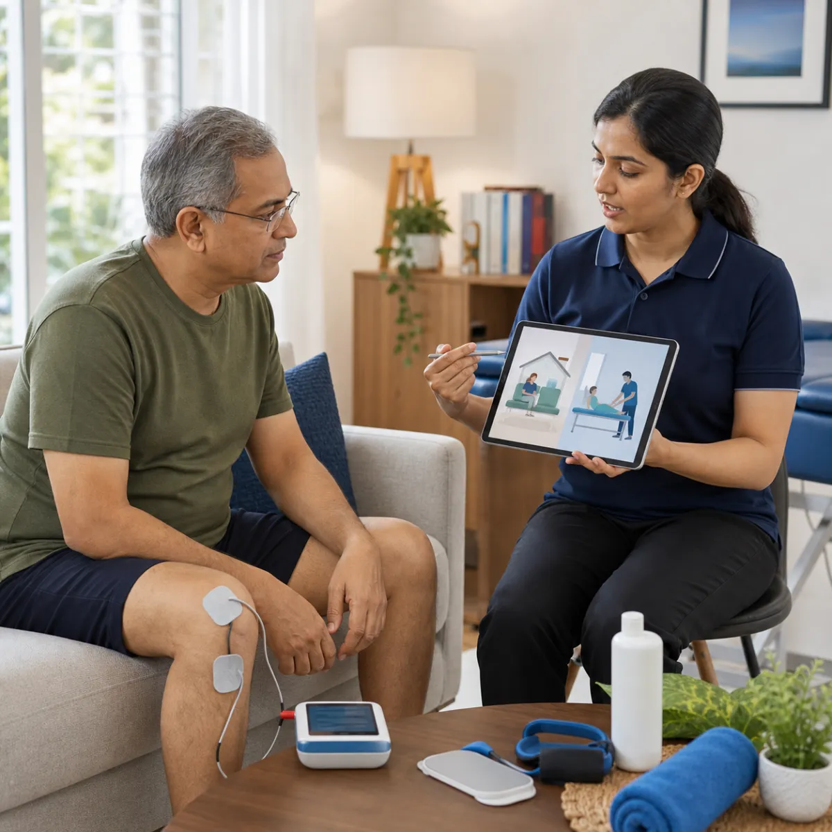 CareMotion physiotherapist delivering a personalized Electrotherapy at Home service in Kolkata