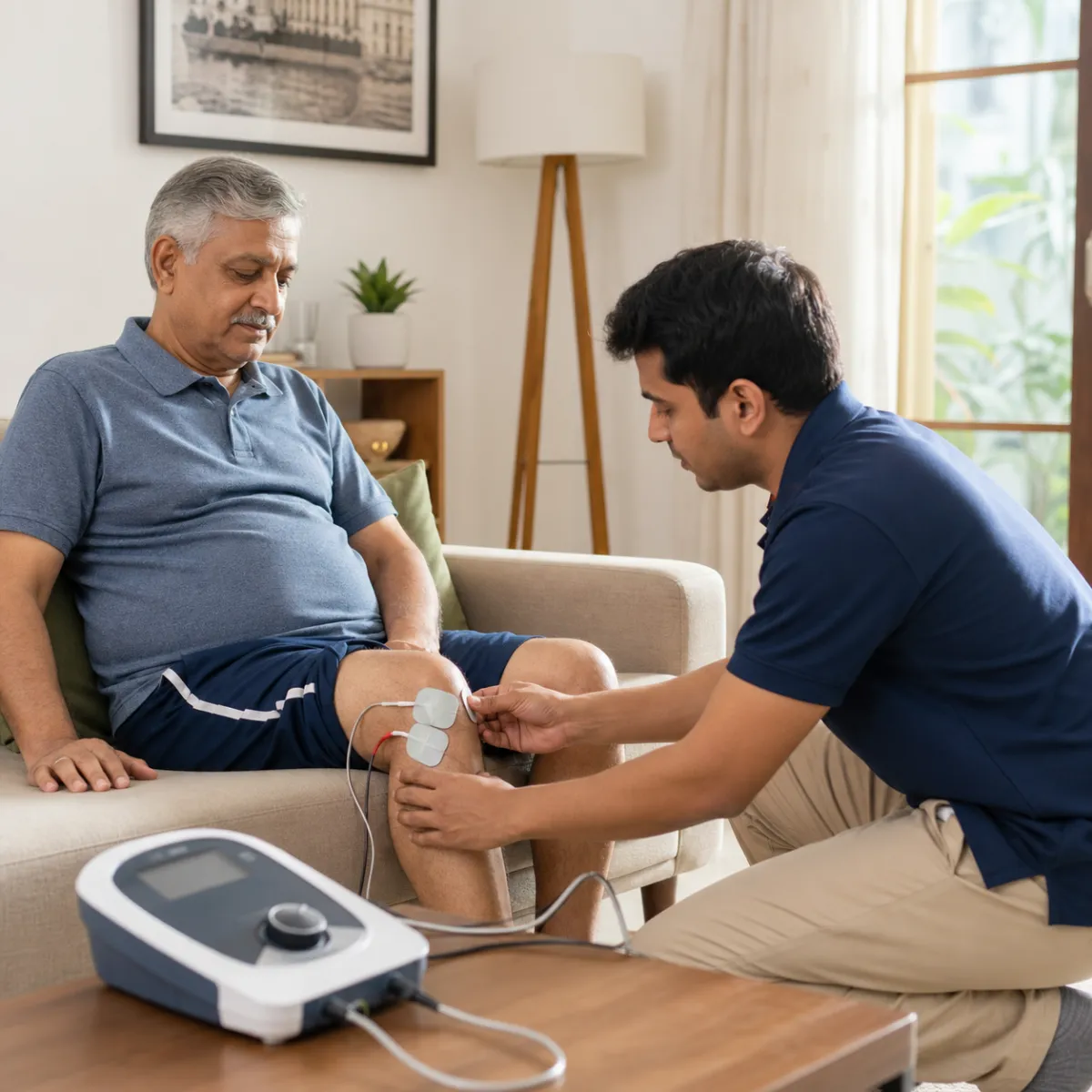 Physiotherapist guiding a structured Electrotherapy at Home treatment session in Kolkata