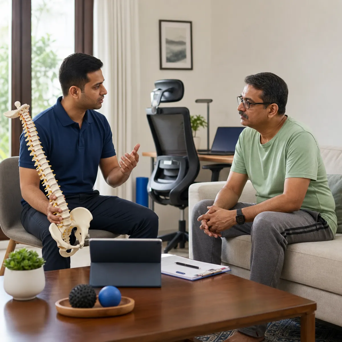 Physiotherapist completing an individualized ergonomic assessment in Beliaghata
