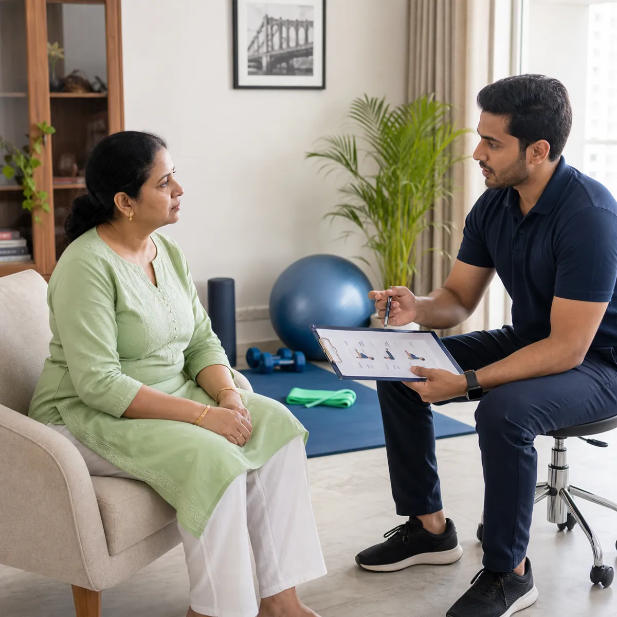 Physiotherapist completing an individualized Home Exercise Therapy Programs assessment in Kolkata