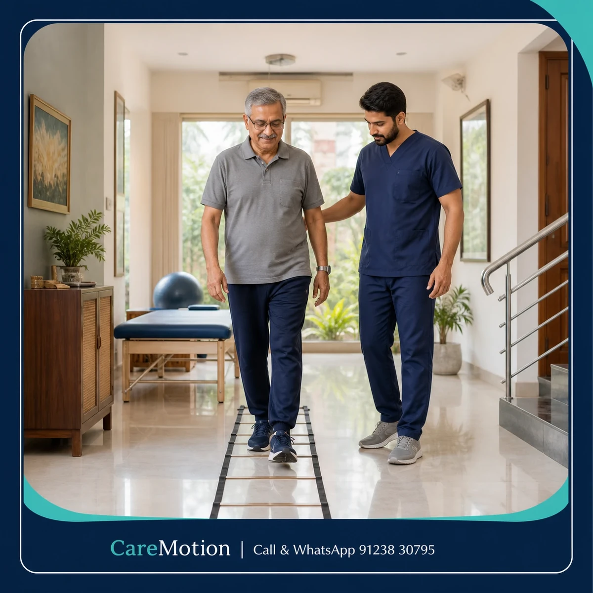 Patient practicing dynamic balance exercises with a physiotherapist to prevent falls in Kolkata