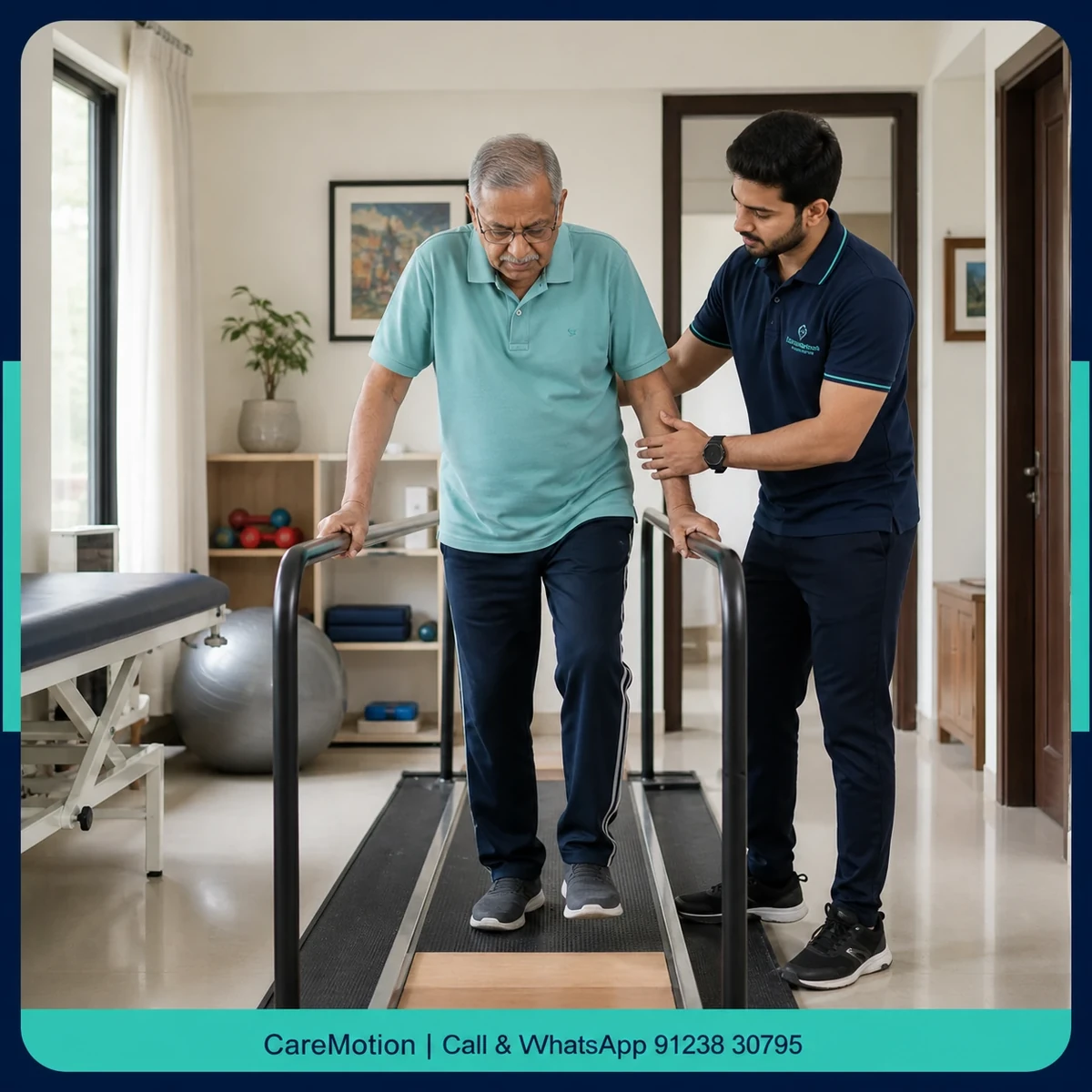 Physiotherapist screening an older adult for fall risks and balance deficits in Kolkata