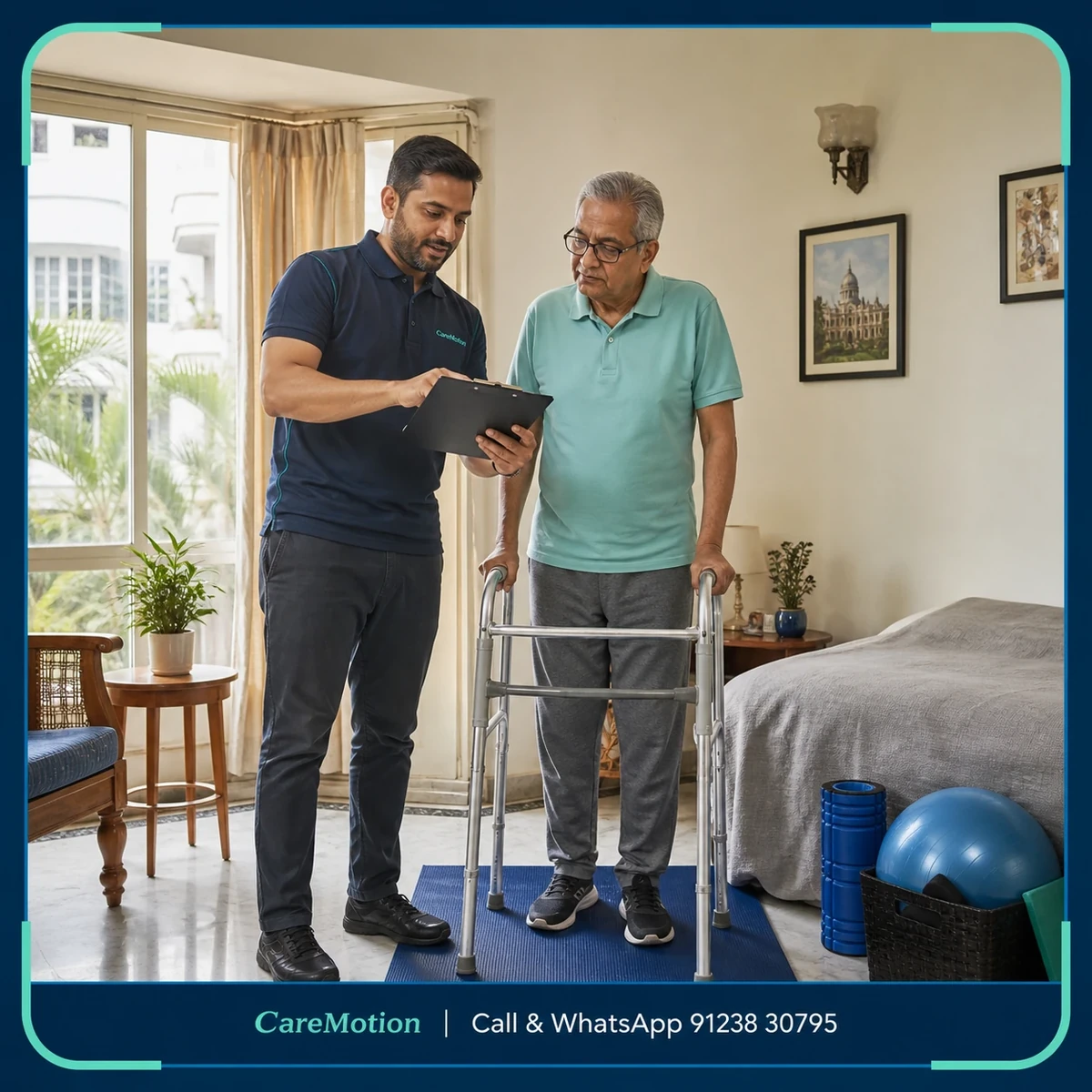 Physiotherapist conducting a balance and fall risk assessment in a patient’s home in Kolkata