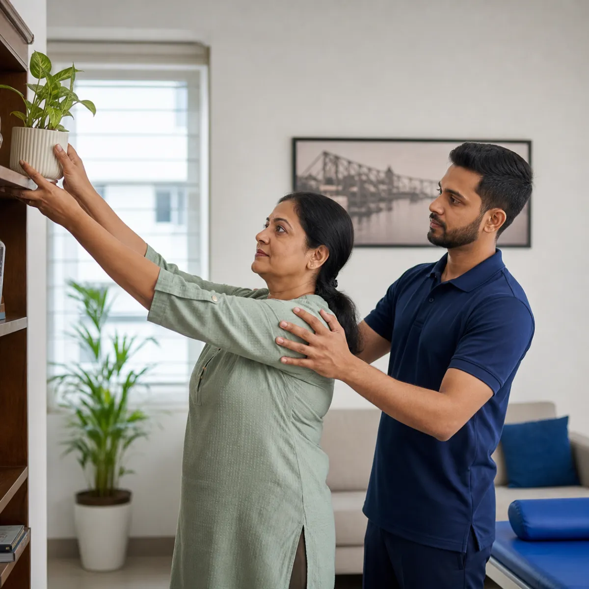 Patient participating in a goal-focused Frozen Shoulder Rehabilitation session with a physiotherapist in Kolkata