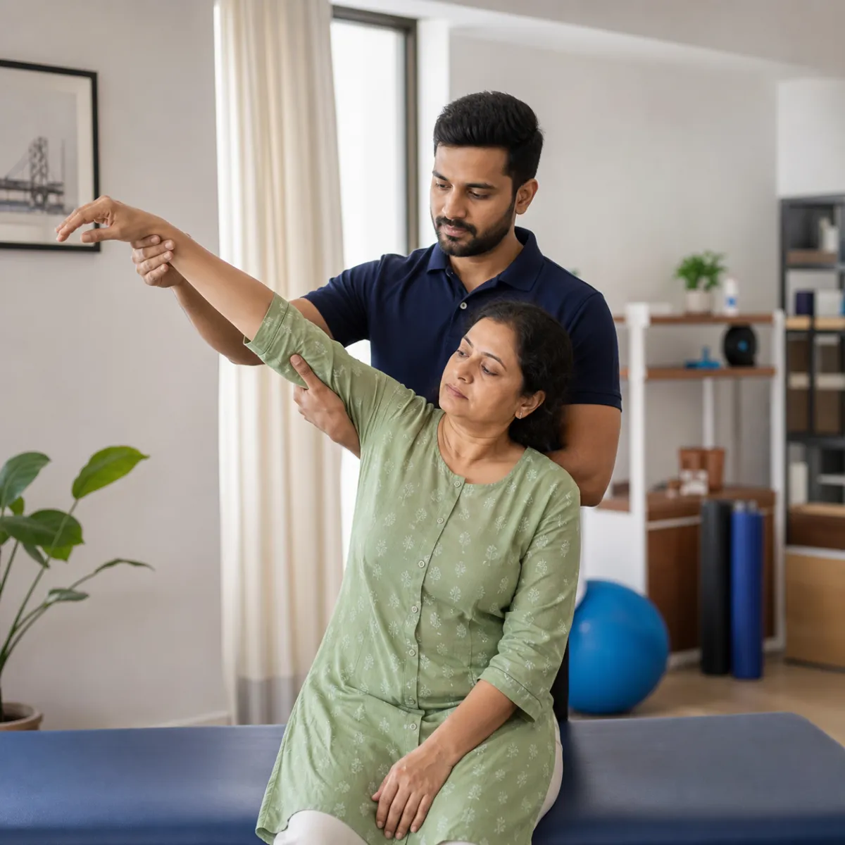 Physiotherapist assessing symptoms and functional limitations relevant to Frozen Shoulder Rehabilitation in Kolkata