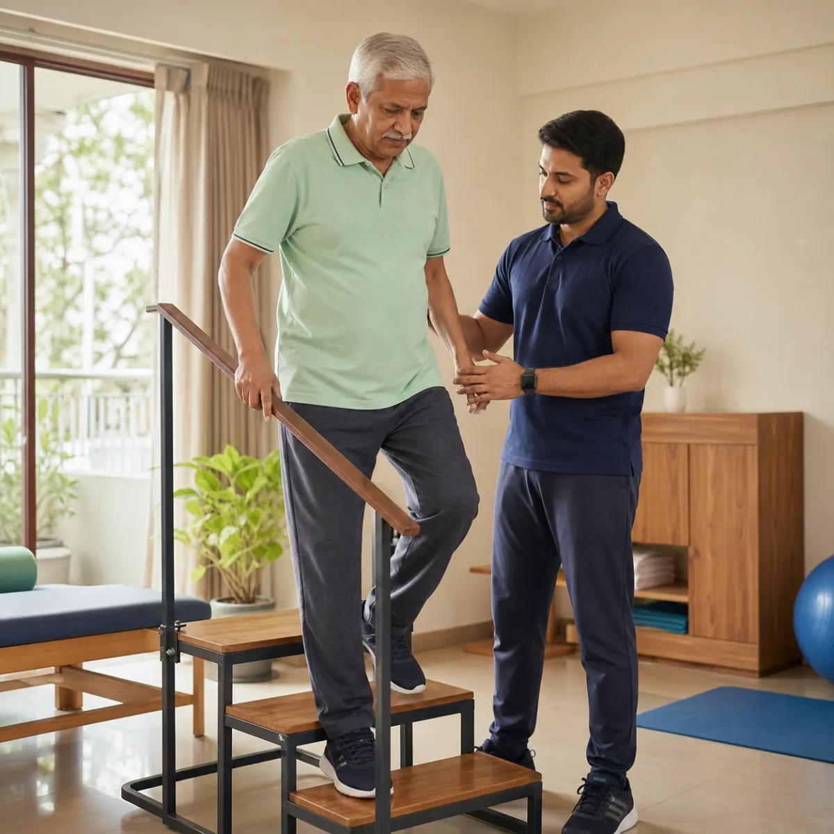 Patient participating in a goal-focused Geriatric Exercise Therapy session with a physiotherapist in Kolkata