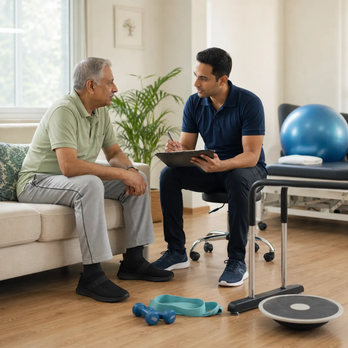Physiotherapist completing an individualized Geriatric Exercise Therapy assessment in Kolkata