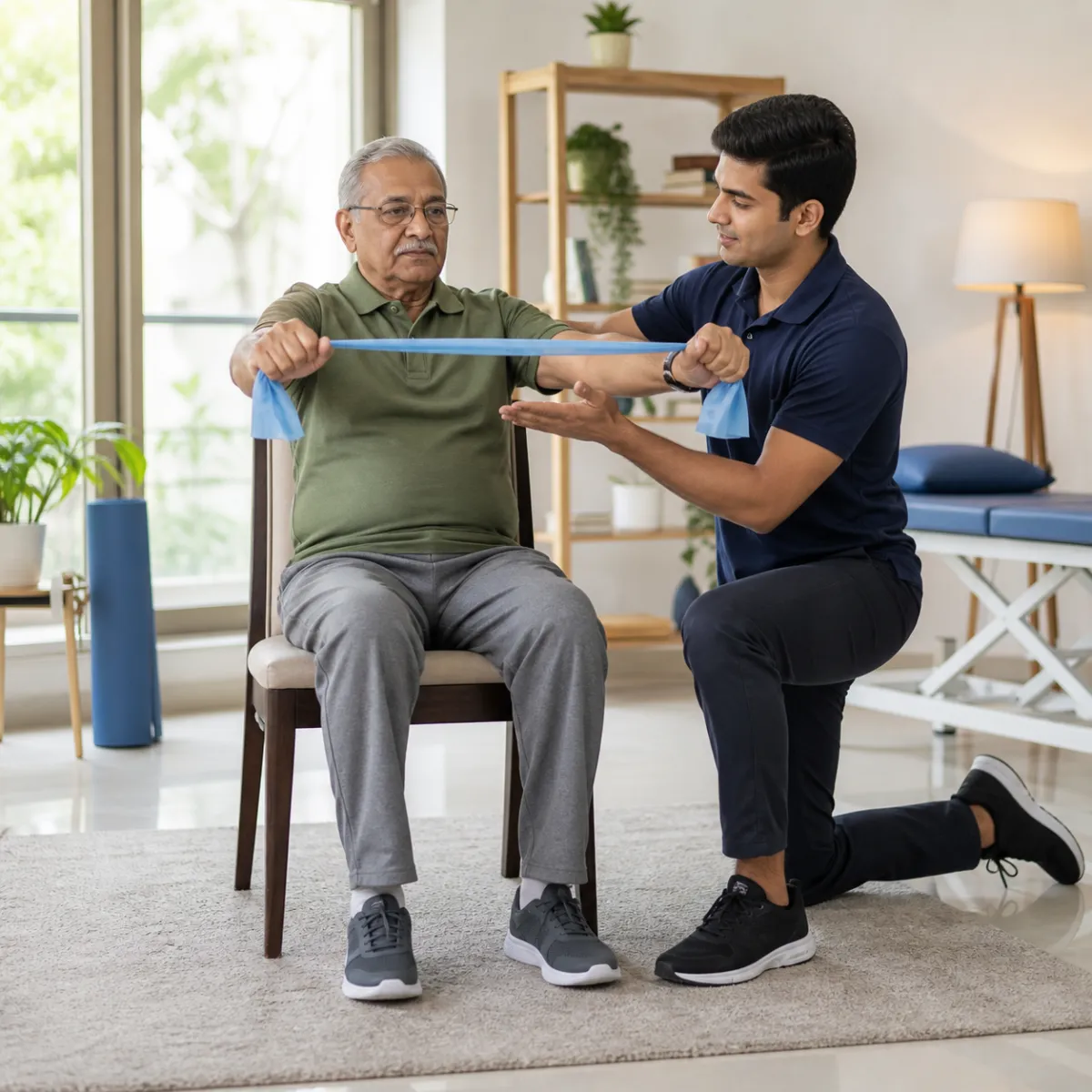 Physiotherapist guiding a structured Geriatric Exercise Therapy treatment session in Kolkata
