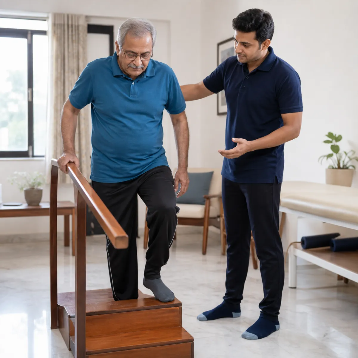 Patient participating in a goal-focused Geriatric Rehabilitation session with a physiotherapist in Kolkata