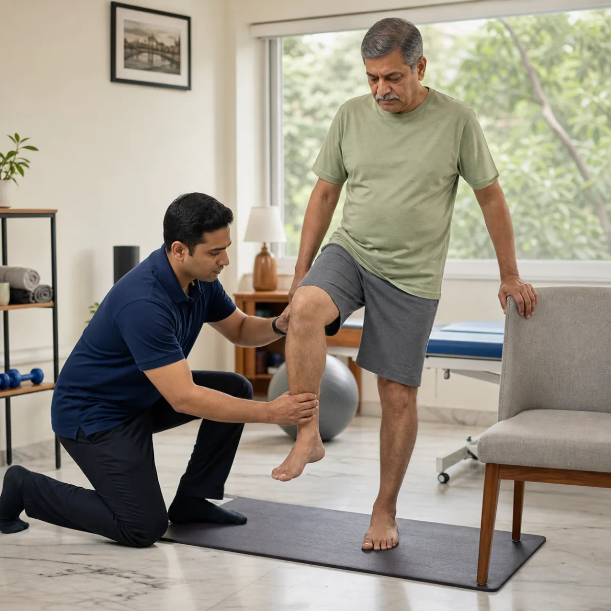 Physiotherapist assessing symptoms and functional limitations relevant to Joint Replacement Prehabilitation in Kolkata
