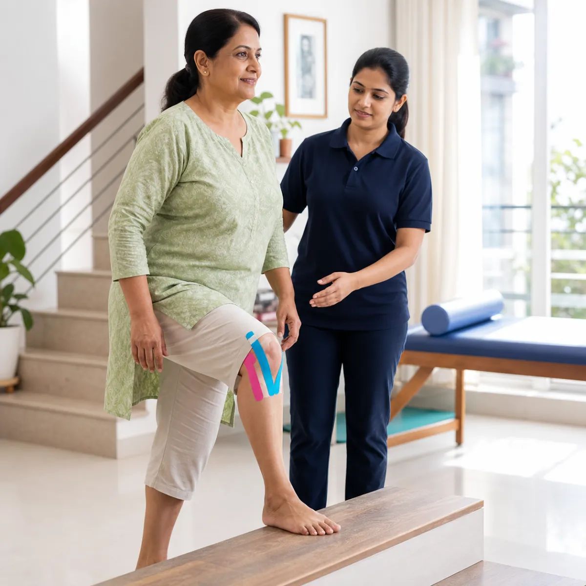 Patient participating in a goal-focused Kinesio Taping session with a physiotherapist in Kolkata
