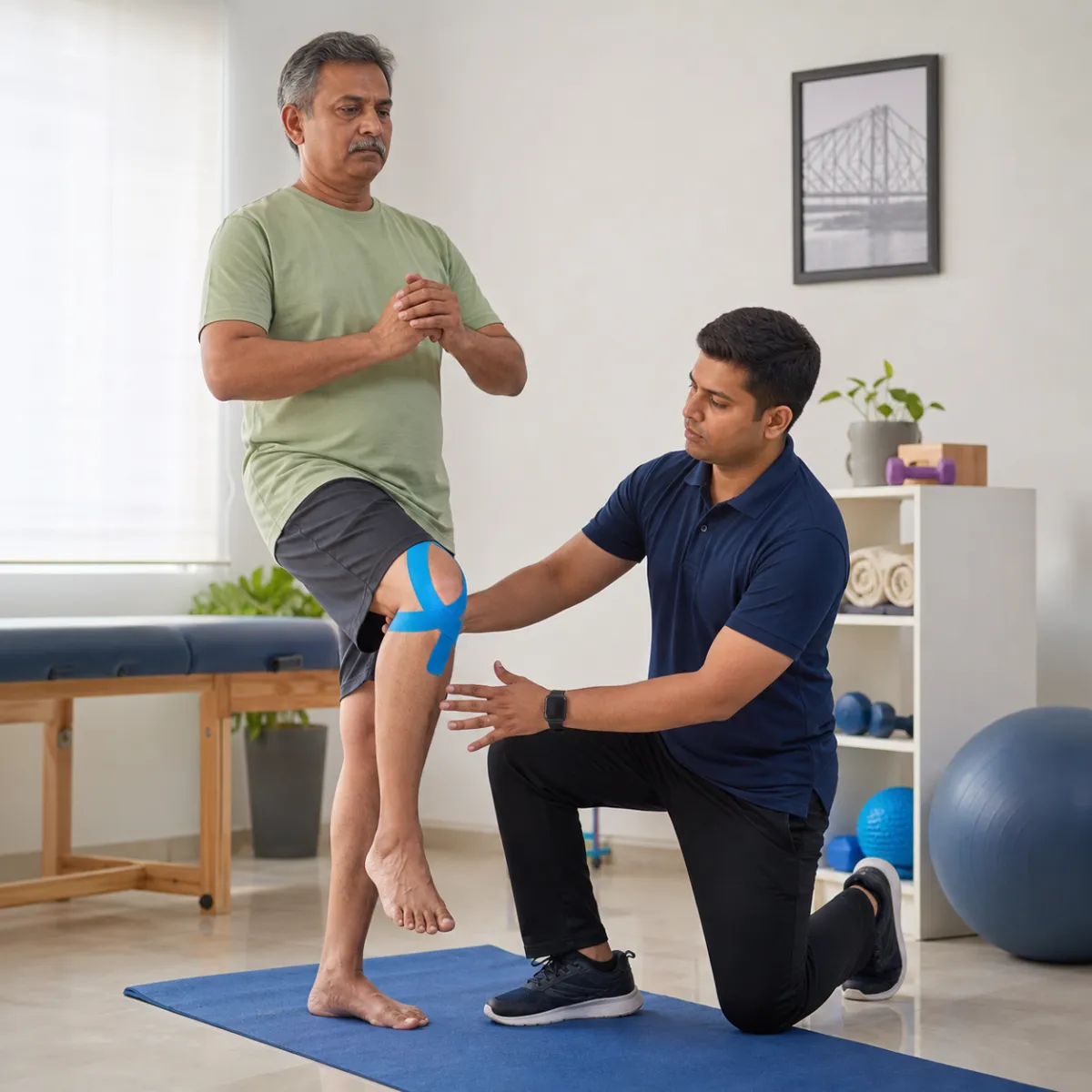 Physiotherapist assessing symptoms and functional limitations relevant to Kinesio Taping in Kolkata