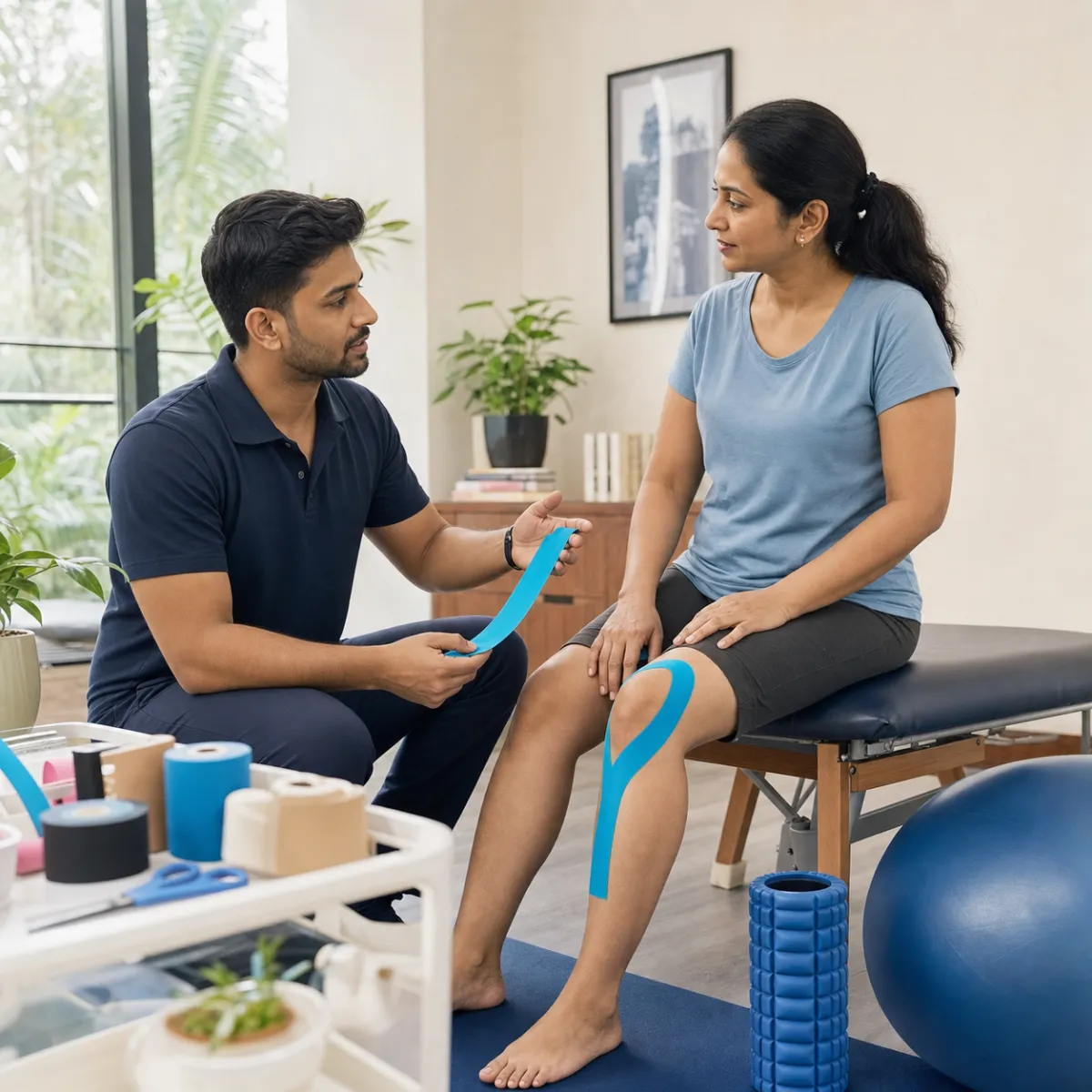 Physiotherapist completing an individualized Kinesio Taping assessment in Kolkata