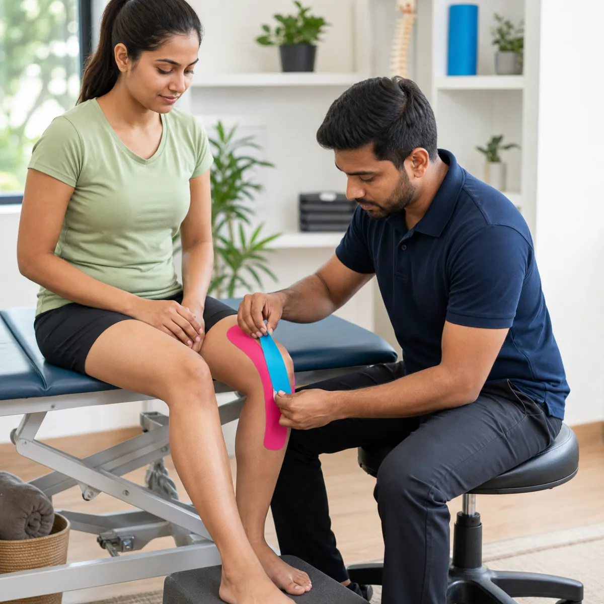 Physiotherapist guiding a structured Kinesio Taping treatment session in Kolkata