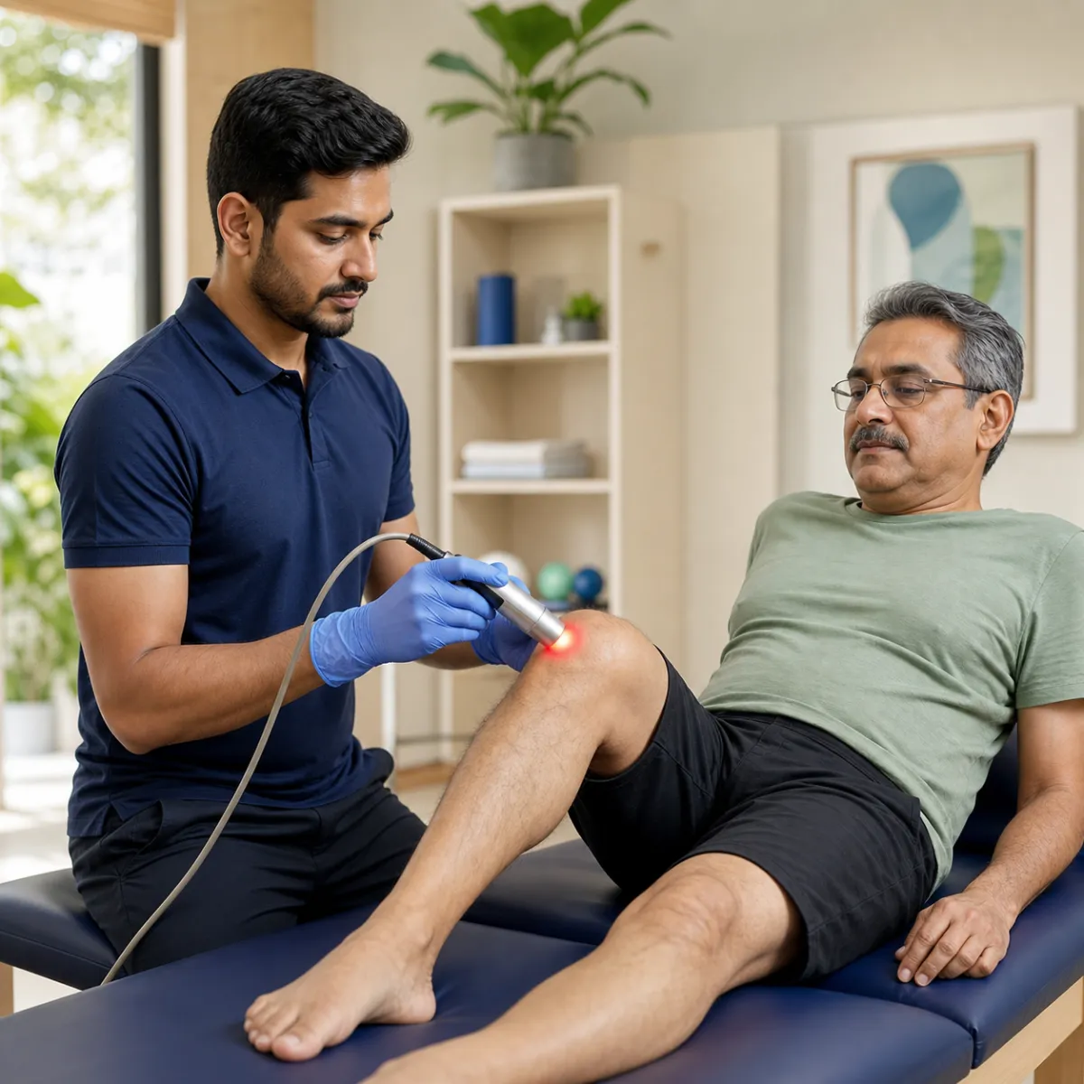 Physiotherapist guiding a structured Low-Level Laser Therapy treatment session in Kolkata