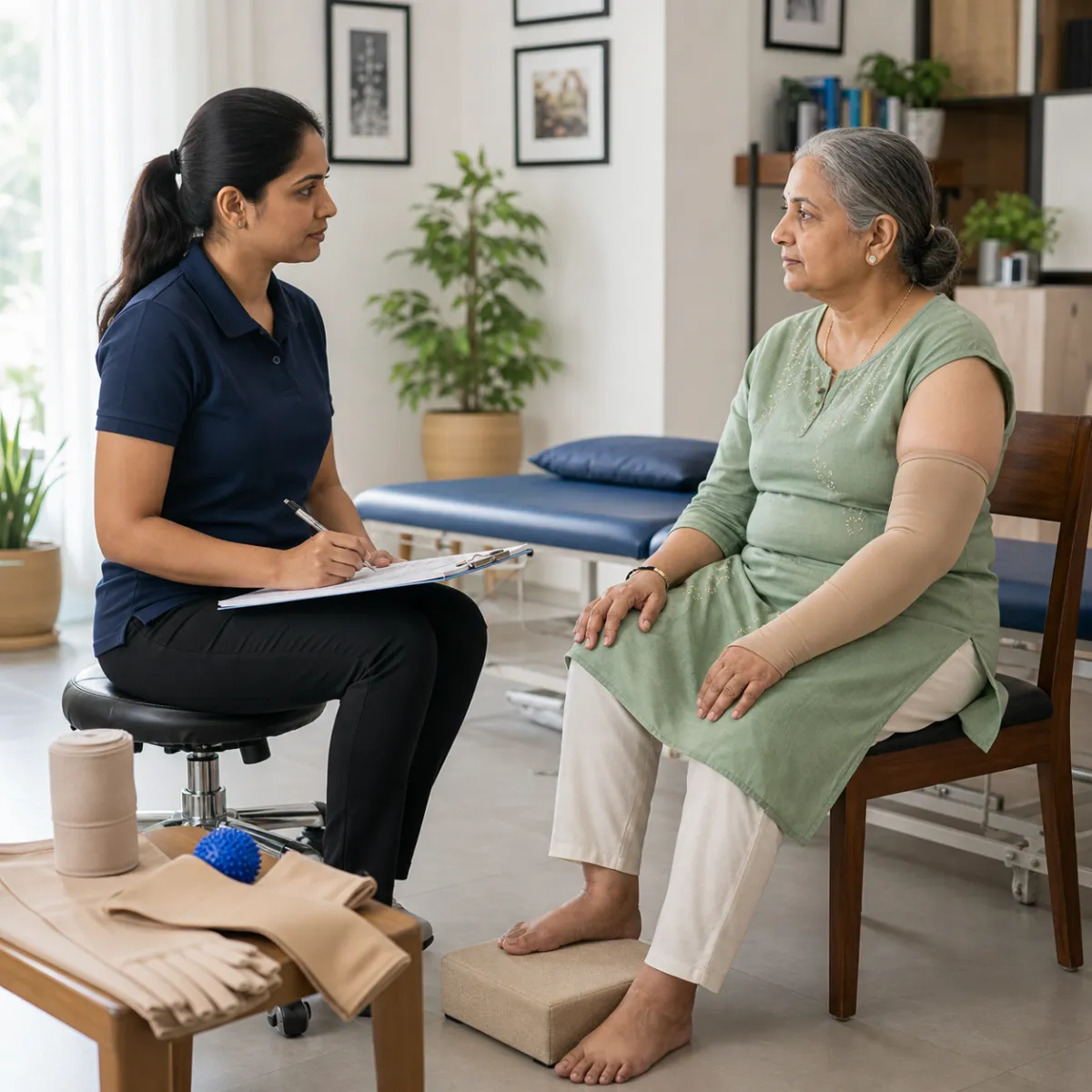 Physiotherapist completing an individualized Lymphedema Management assessment in Kolkata