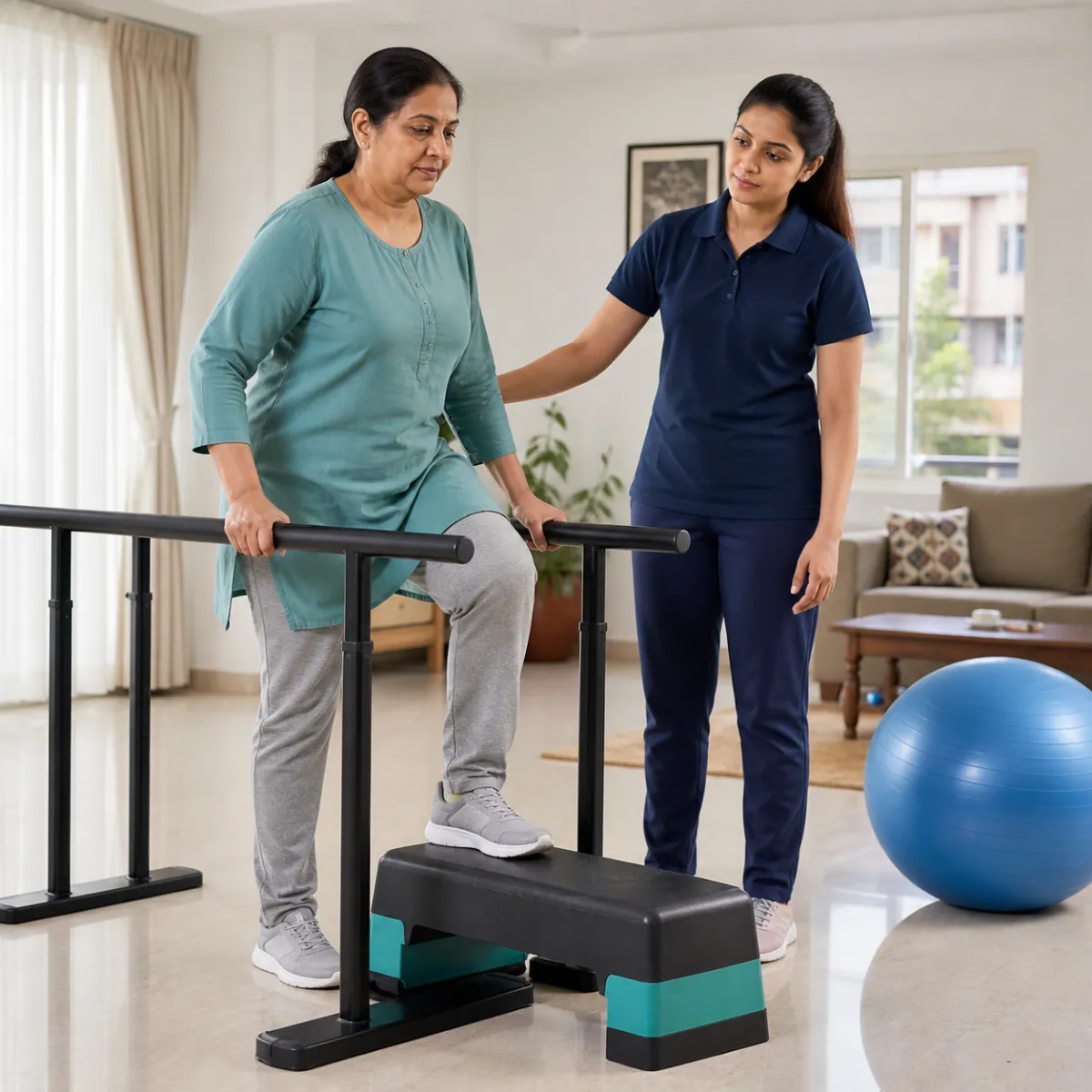 Patient participating in a goal-focused Multiple Sclerosis Rehabilitation session with a physiotherapist in Kolkata