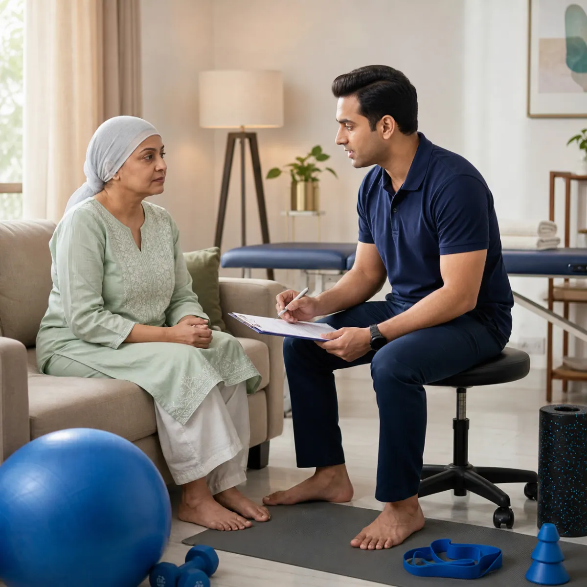 Physiotherapist completing an individualized Oncology Physiotherapy assessment in Kolkata