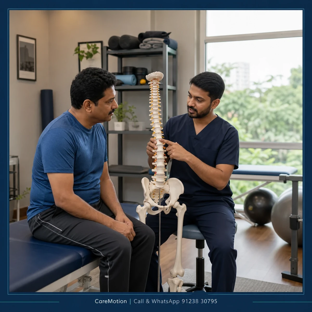 Physiotherapist providing hands-on pain management assessment for a patient in Kolkata