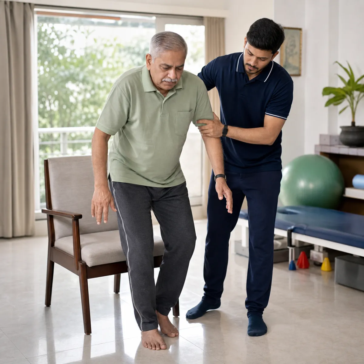 Physiotherapist assessing symptoms and functional limitations relevant to Parkinson's Physiotherapy in Kolkata
