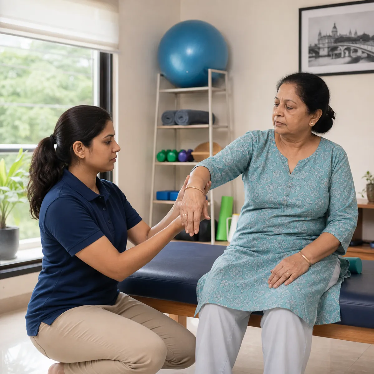 Physiotherapist assessing symptoms and functional limitations relevant to Rheumatoid Arthritis Rehabilitation in Kolkata