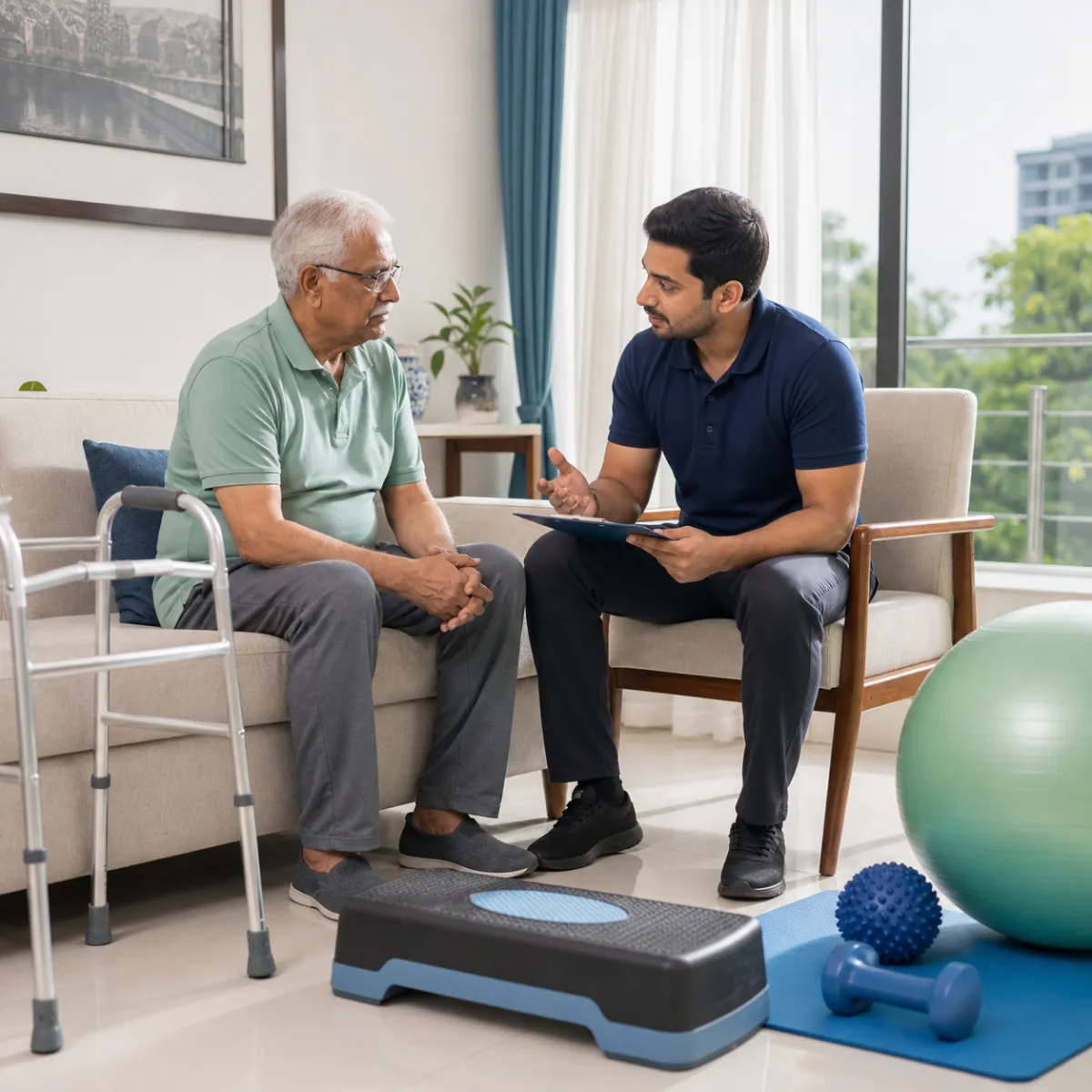 Physiotherapist completing an individualized Senior Health and Mobility Check-Up assessment in Kolkata