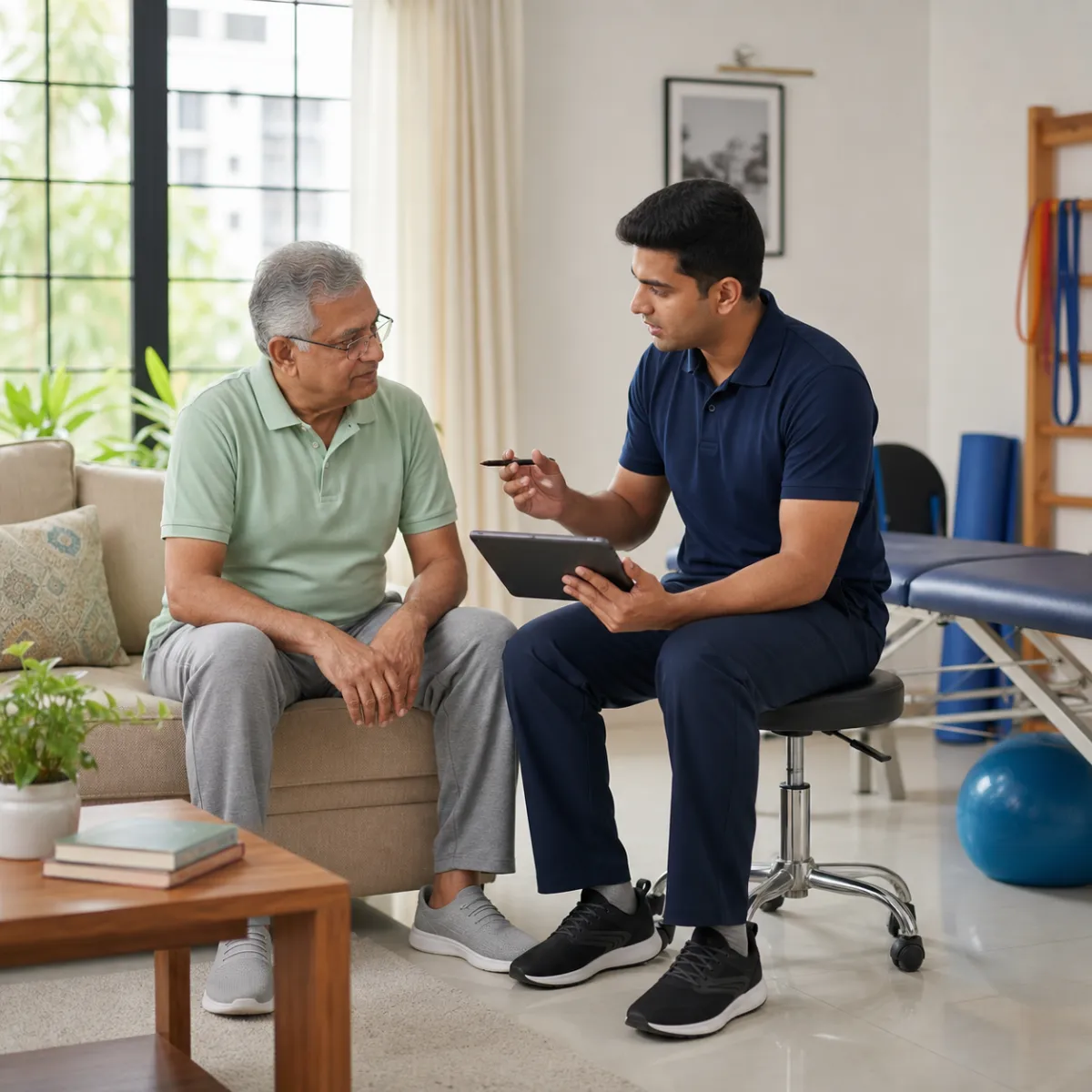 CareMotion physiotherapist delivering a personalized Senior Health and Mobility Check-Up service in Kolkata