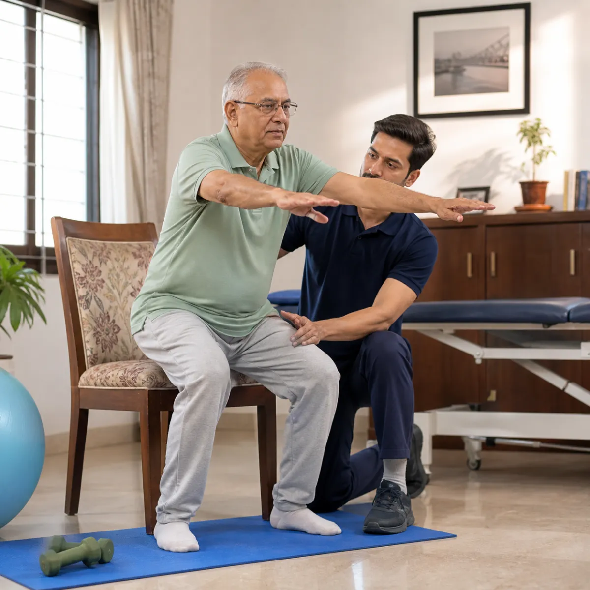 Physiotherapist guiding a structured Senior Health and Mobility Check-Up treatment session in Kolkata