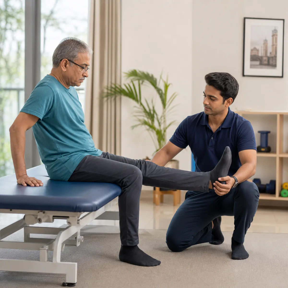 Physiotherapist assessing symptoms and functional limitations relevant to Spine Surgery Rehabilitation in Kolkata