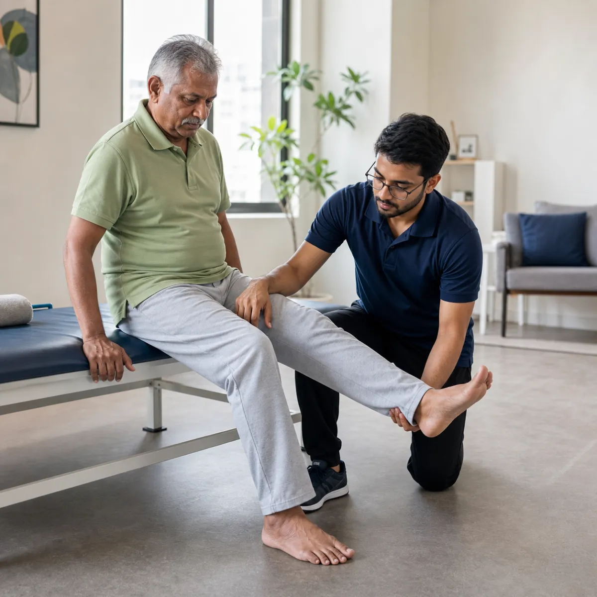 Physiotherapist assessing symptoms and functional limitations relevant to Stroke Rehabilitation in Kolkata