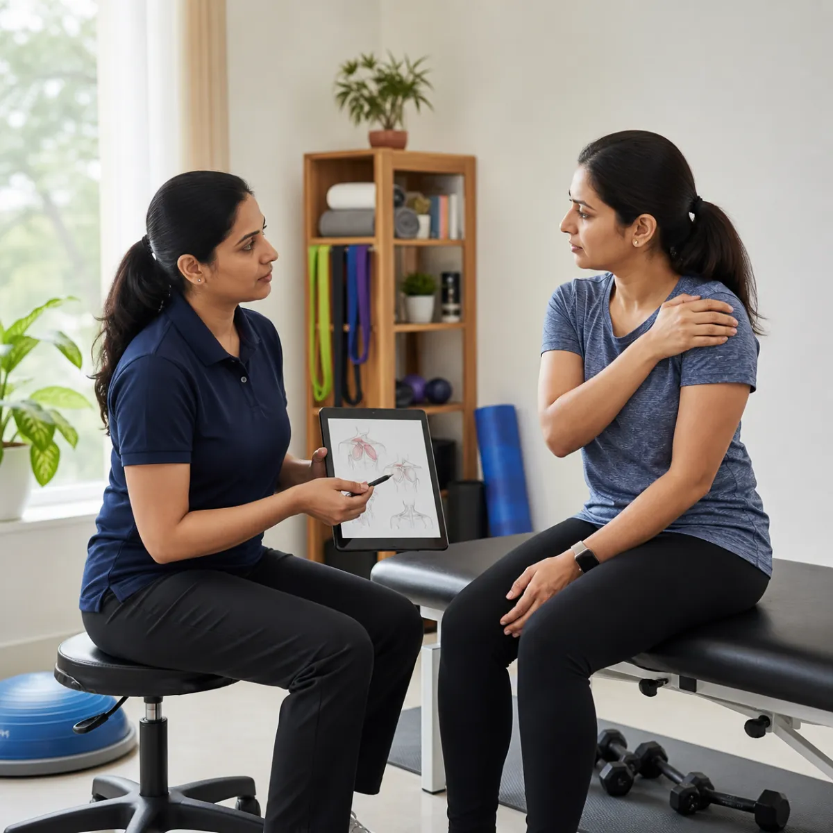 Physiotherapist completing a Tendinitis and Bursitis Treatment assessment in Kolkata