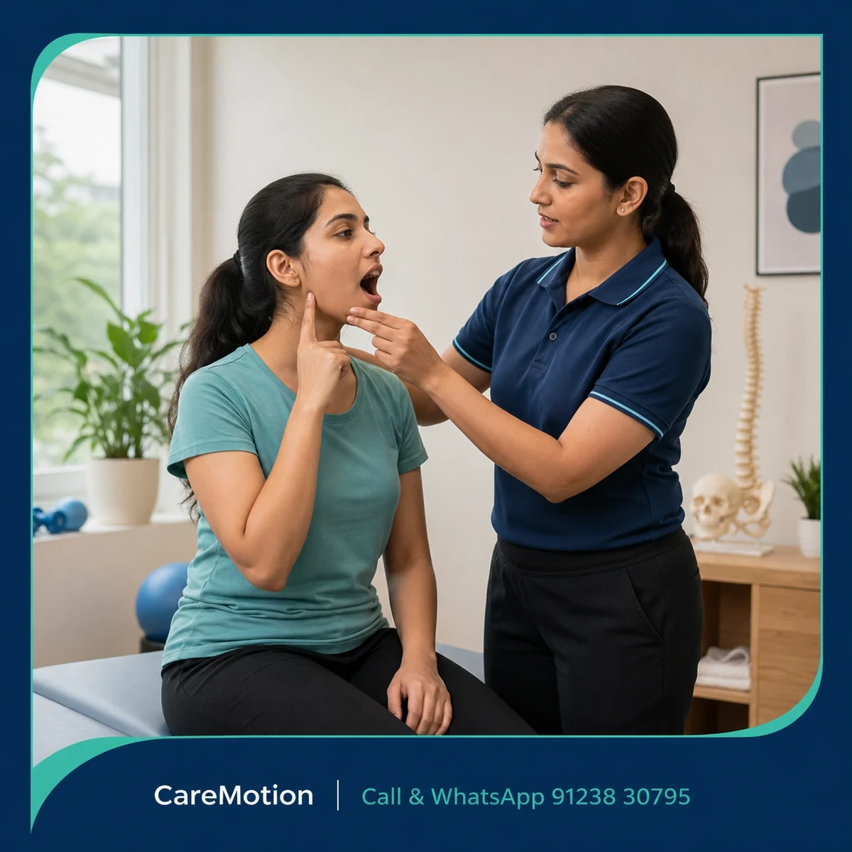 Patient performing guided jaw exercises during TMJ Physiotherapy in Kolkata