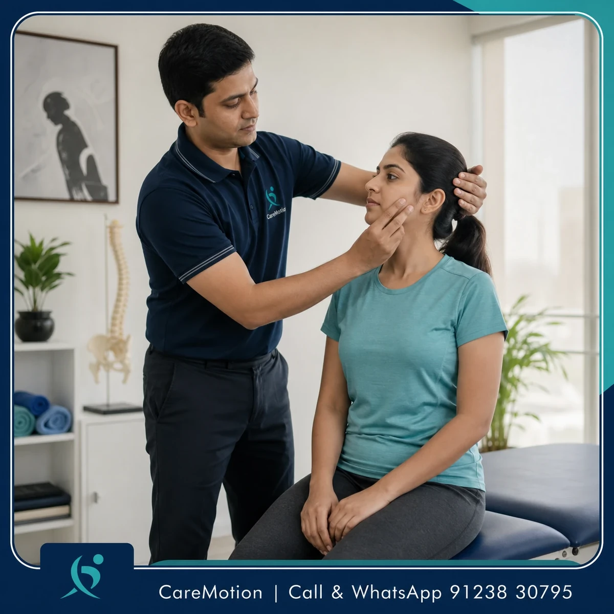 Physiotherapist assessing jaw movement and neck contribution during TMJ Physiotherapy in Kolkata