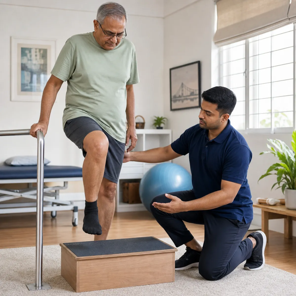 Physiotherapist assessing symptoms and functional limitations relevant to Total Hip Replacement Rehabilitation in Kolkata