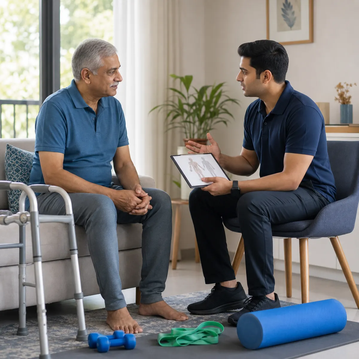 Physiotherapist completing an individualized Total Hip Replacement Rehabilitation assessment in Kolkata