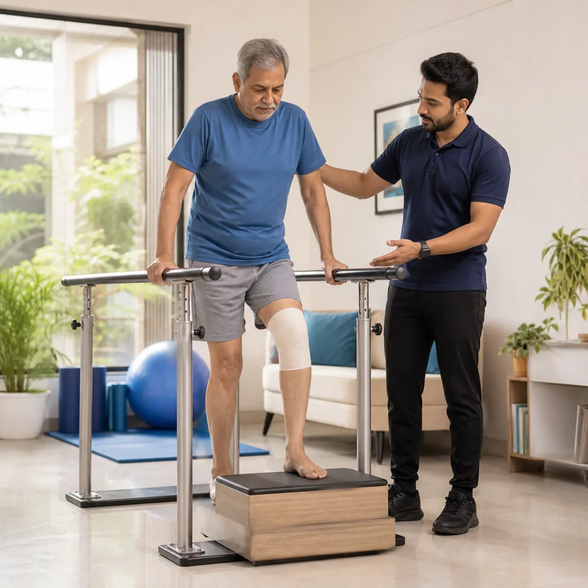 Patient participating in a goal-focused Total Knee Replacement Rehabilitation session with a physiotherapist in Kolkata